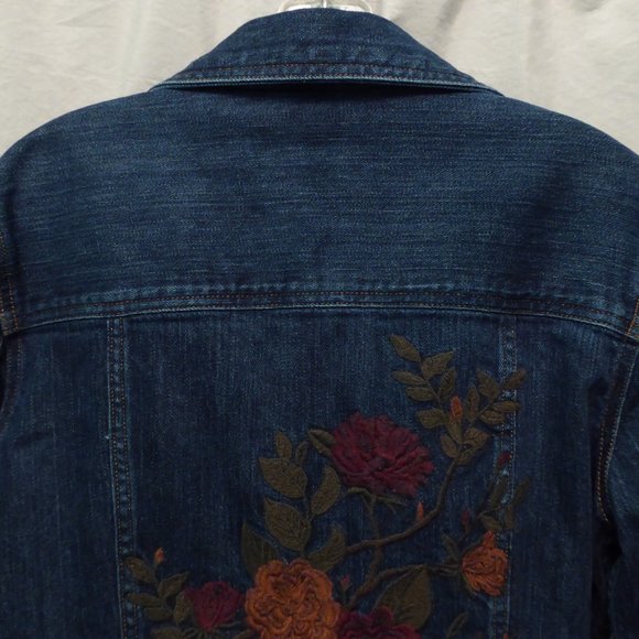 Womens Stretch Denim Floral Embroidered Jean Jacket - Picture 8 of 10